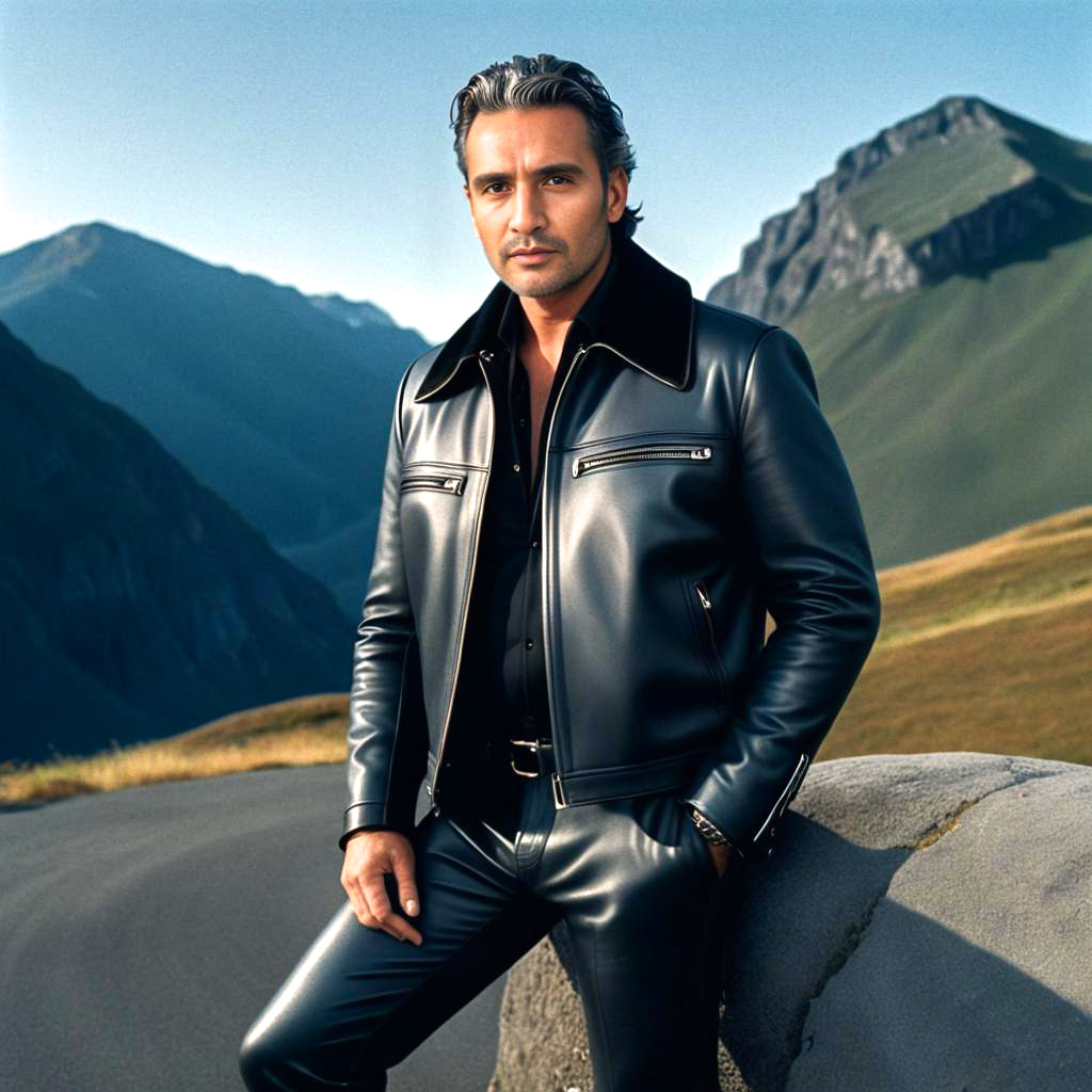 Stylish Man in Black Leather Jacket Against Mountains