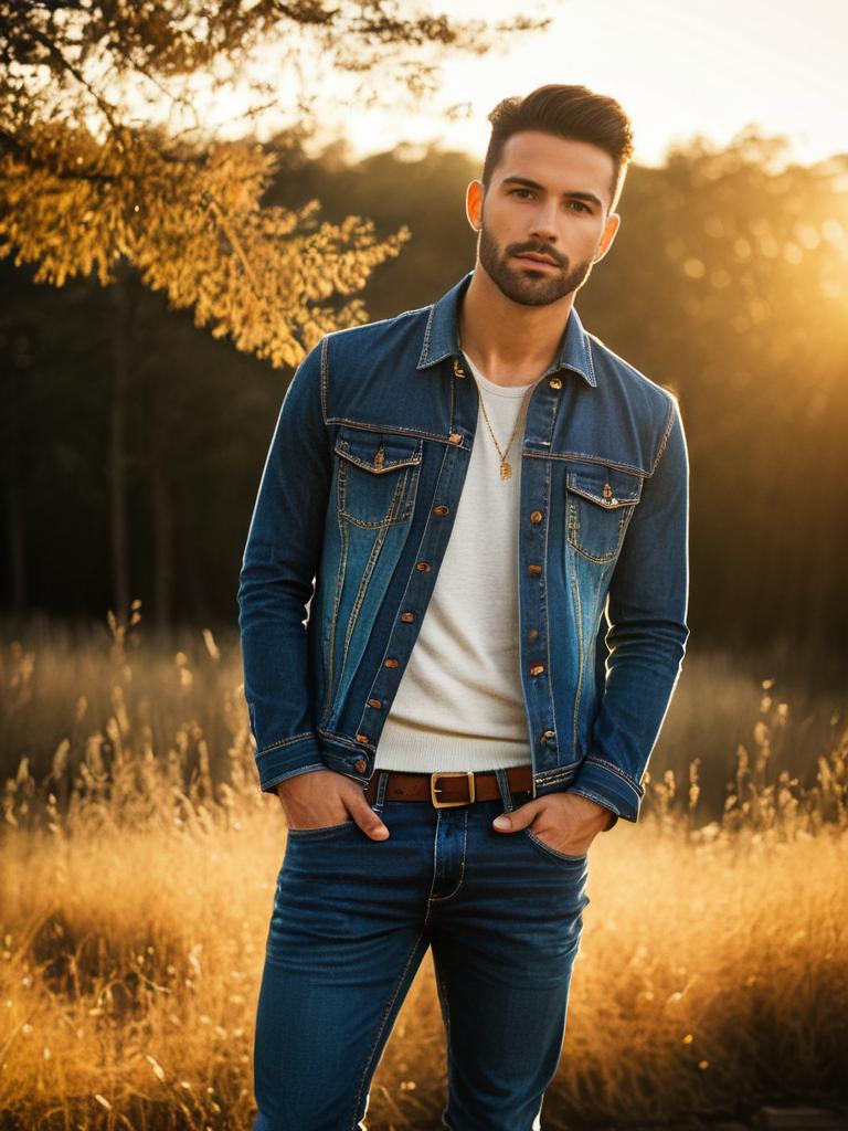 Man in Stylish Denim Jeans Outfit Outdoor Portrait Golden Hour