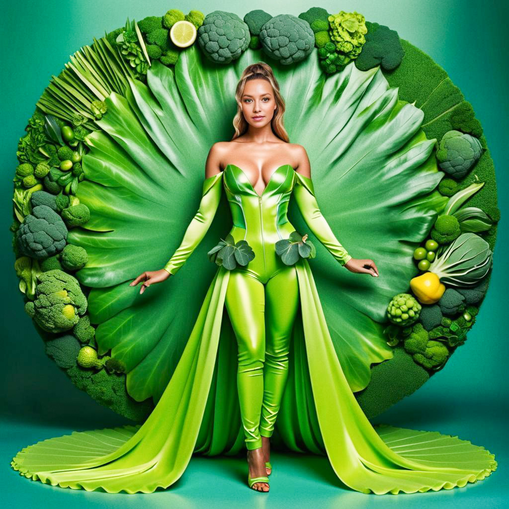 Woman in Green Outfit Surrounded by Fresh Vegetables