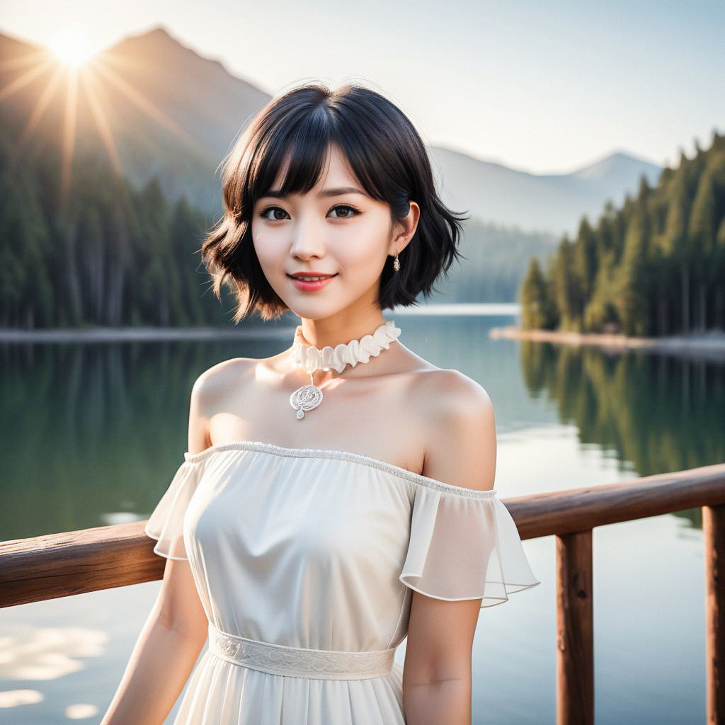 Young Woman in Off-Shoulder Dress by Serene Lake at Sunset