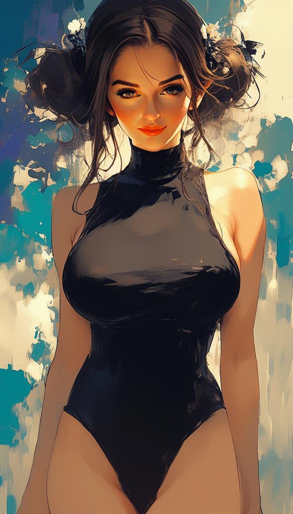 Digital Illustration of Woman in Black Bodysuit with Anime Style
