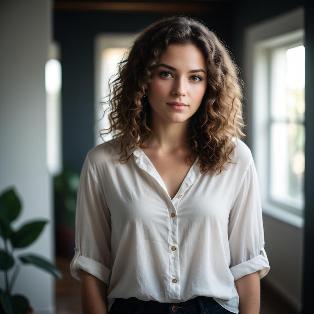 Young Woman with Curly Hair in White Shirt Indoors Natural Light Portrait