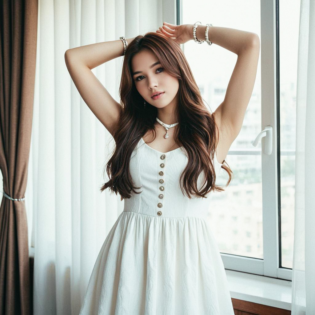 Elegant Young Woman in White Dress by Window