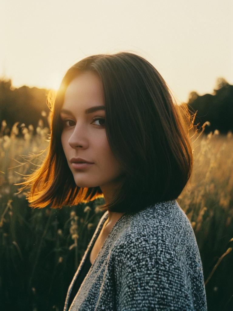 Portrait of Woman with Long Bob Hairstyle Outdoors at Golden Hour