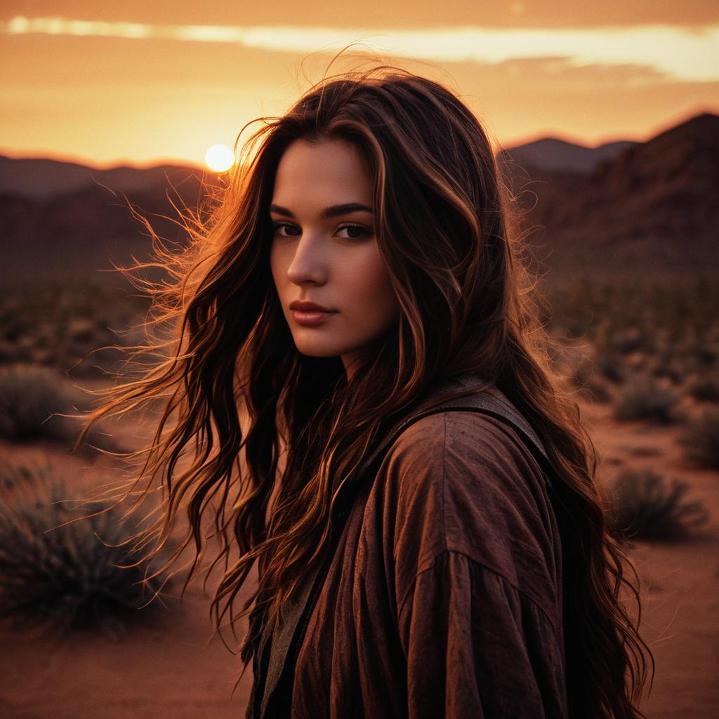 Woman in Desert at Sunset with Warm Golden Light