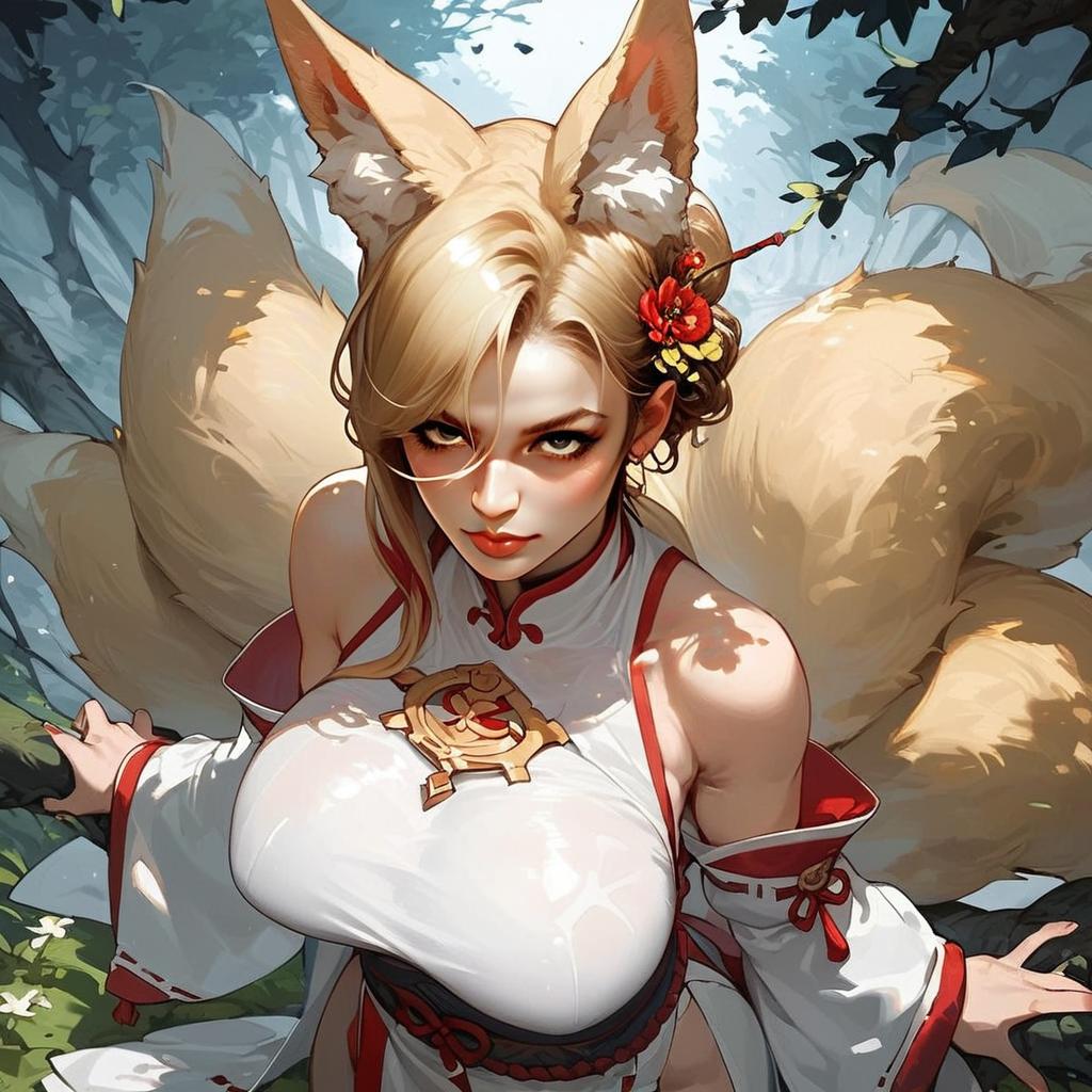 Fantasy Fox Woman with Blonde Hair and Multiple Tails in Traditional Anime Style