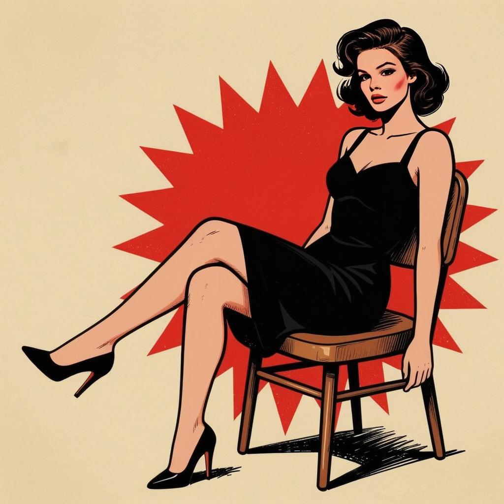 Retro Style Woman in Black Dress Sitting on Wooden Chair Pop Art Illustration