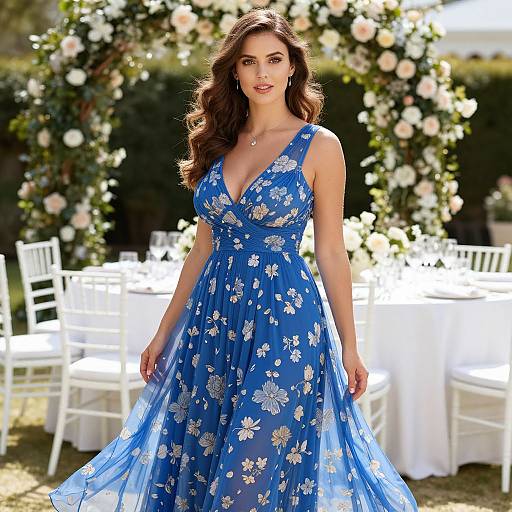 Elegant Woman in Blue Floral Dress at Garden Party