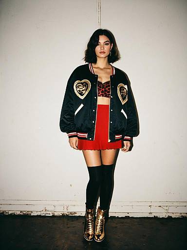 Sporty Chic Woman in Red and Black Leopard Print Mini Dress with Bomber Jacket