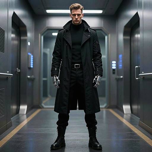 Cyberpunk Man with Robotic Hands in Futuristic Hallway