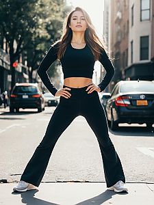 Woman in Flare Yoga Pants Outfit Candid Street Style Photo Outdoors