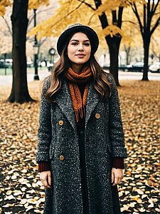 Woman in Vintage Cozy Fall Outfit in Park with Falling Leaves