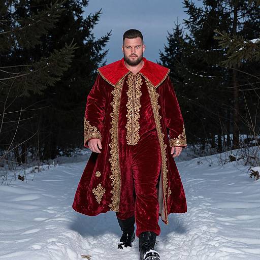 Man in Ornate Red Velvet Robe Walking in Snowy Forest