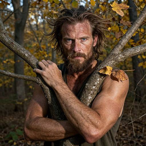 Rugged Bearded Man in Autumn Forest Embracing Tree Branches