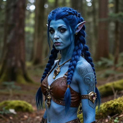 Fantasy Blue Elf Woman Cosplay in Forest with Braided Hair and Tattoos