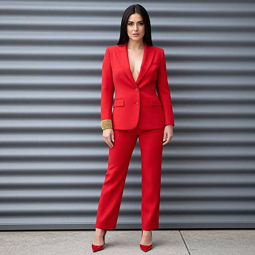 Confident Woman in Red Tailored Suit Against Modern Grey Metal Wall