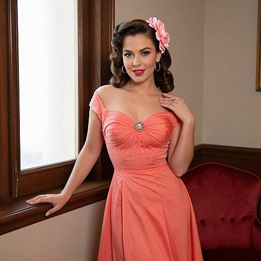 Woman in Coral Pink Vintage Dress with 1950s Pin-Up Style