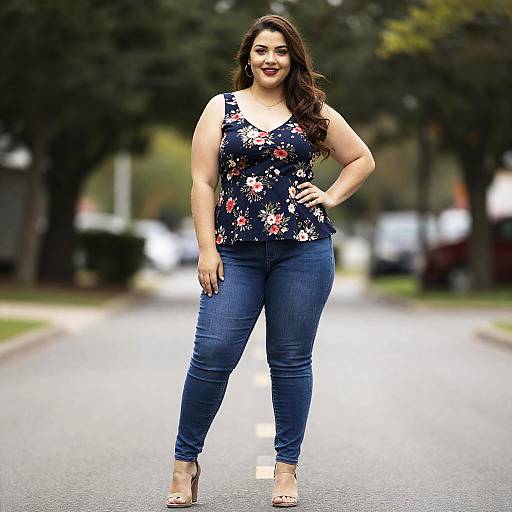 Plus Size Woman Wearing Bright Floral Top with Blue Jeans Outdoor