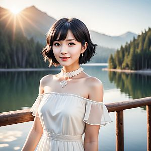 Young Woman in Off-Shoulder Dress by Serene Lake at Sunset