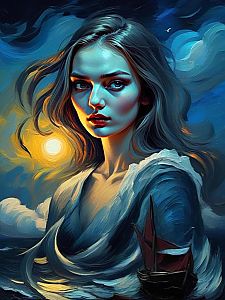 Surreal Woman with Flowing Hair and Turbulent Seascape