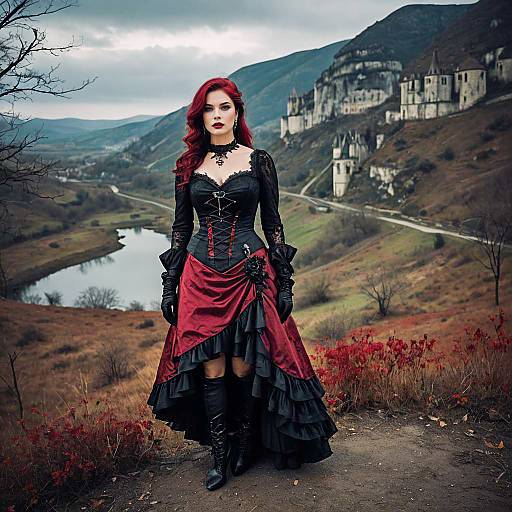 Gothic Victorian Woman in Elegant Dress Near Castle Landscape