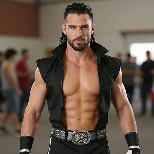Muscular Man in Black Sleeveless Leather Vest with Braided Hair