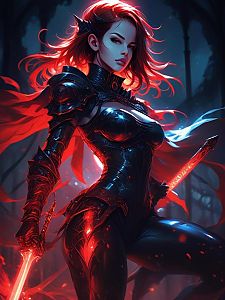 Fierce Woman Warrior in Dark Armor with Glowing Swords