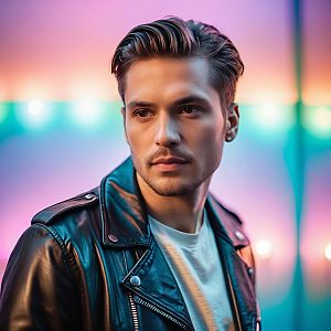 Young Man in Leather Jacket Against Colorful Bokeh Background