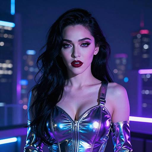 Gen Z Woman in Futuristic Metallic Outfit with Neon City Background