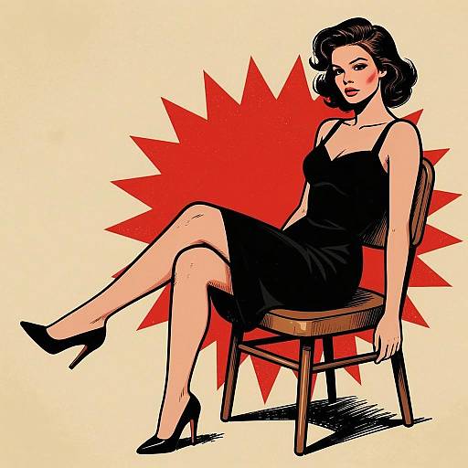 Retro Style Woman in Black Dress Sitting on Wooden Chair Pop Art Illustration