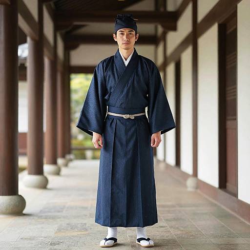 Man in Traditional Japanese Kimono and Hakama Outfit in Historic Corridor
