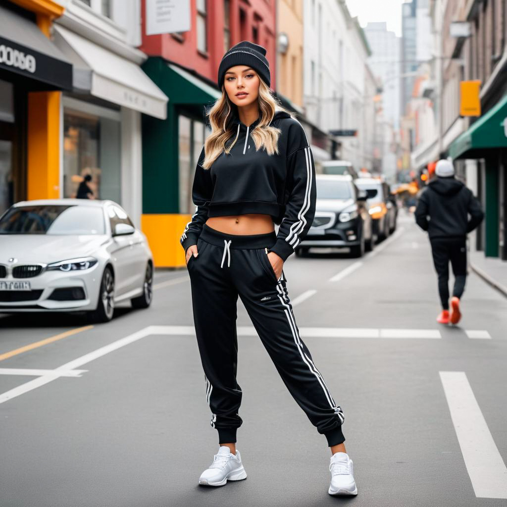 Stylish Woman in Black Tracksuit in Urban Setting