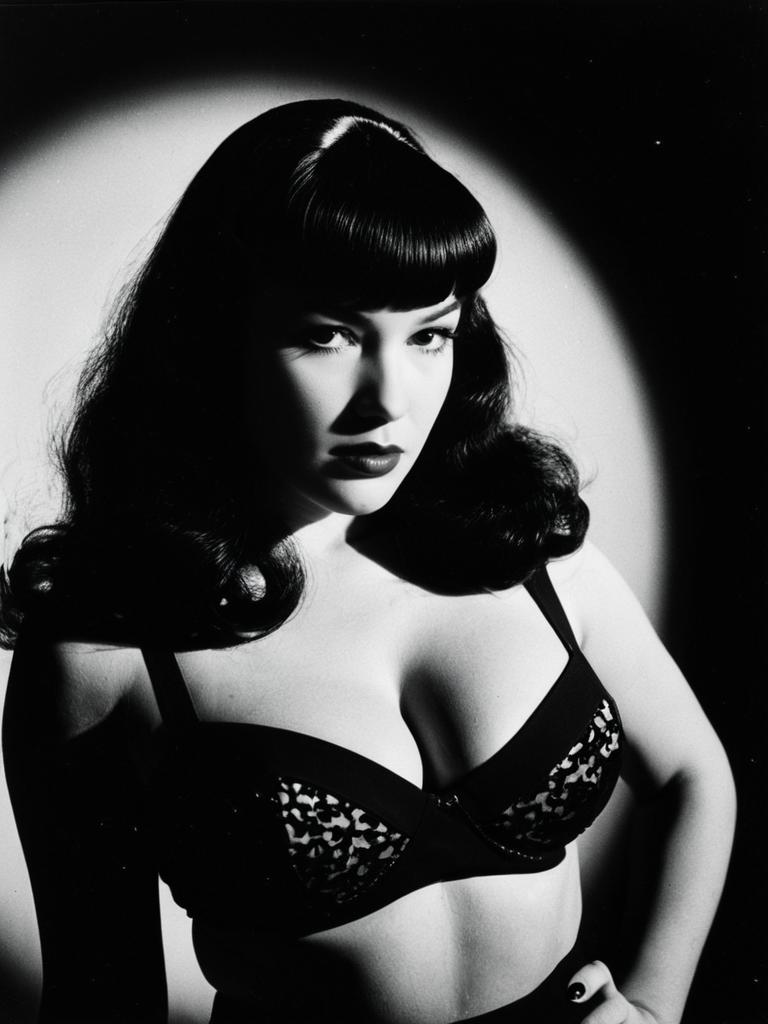 Vintage Style Woman with Bettie Page Bangs in Black and White Editorial Portrait