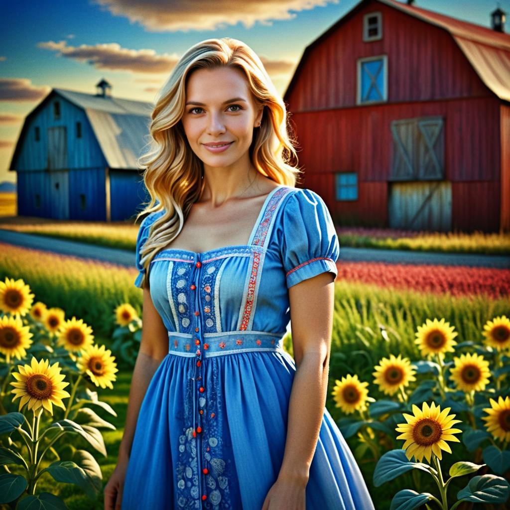 Woman in Blue Dress in Sunflower Field