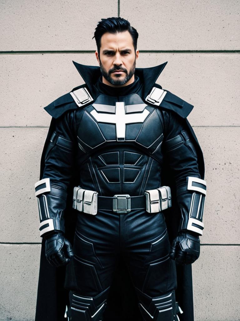 Realistic Bryan Fury Cosplay Costume on Man with Armor and Cape
