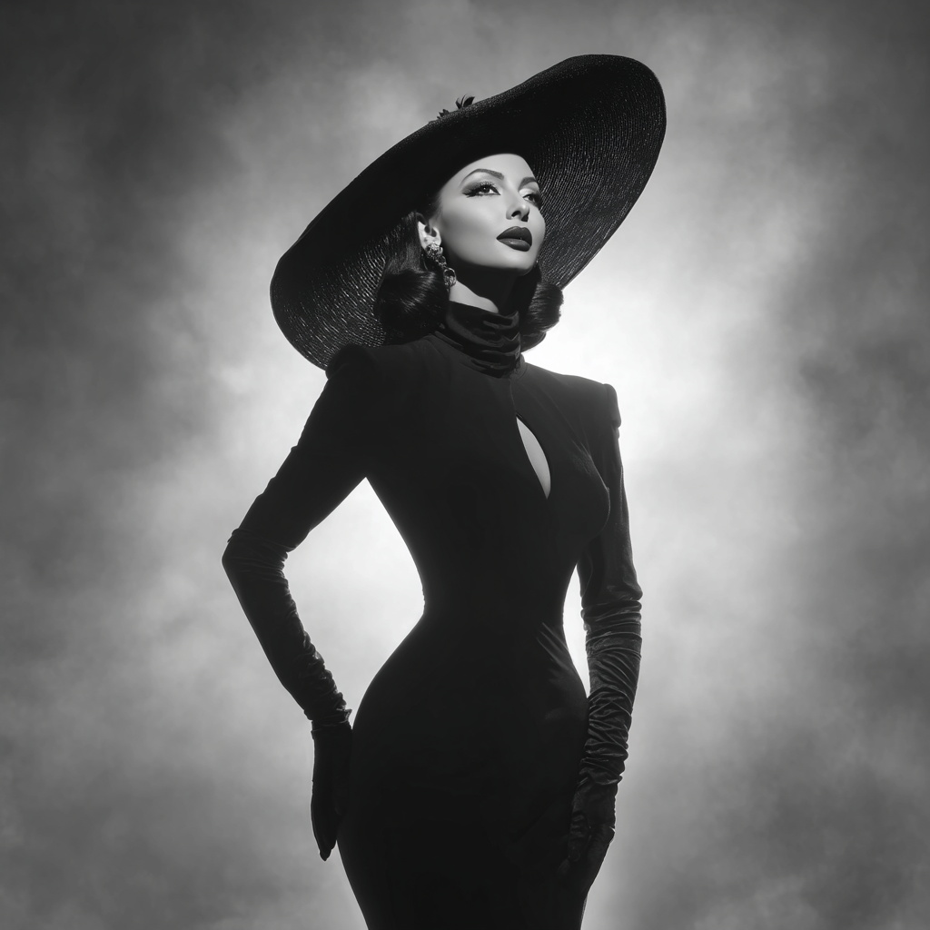 Elegant Woman in Black Attire with Vintage Glamour Elegant Woman in Black Attire with Vintage Glamour