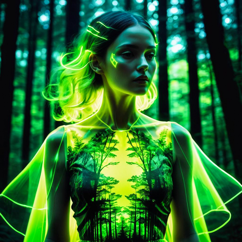 Woman in Neon-Green Aura in Forest