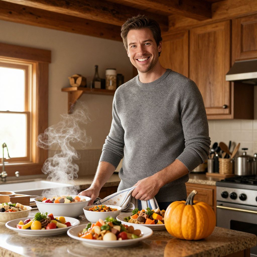Smiling Man Preparing Autumn Meal with Pumpkin in Cozy Kitchen