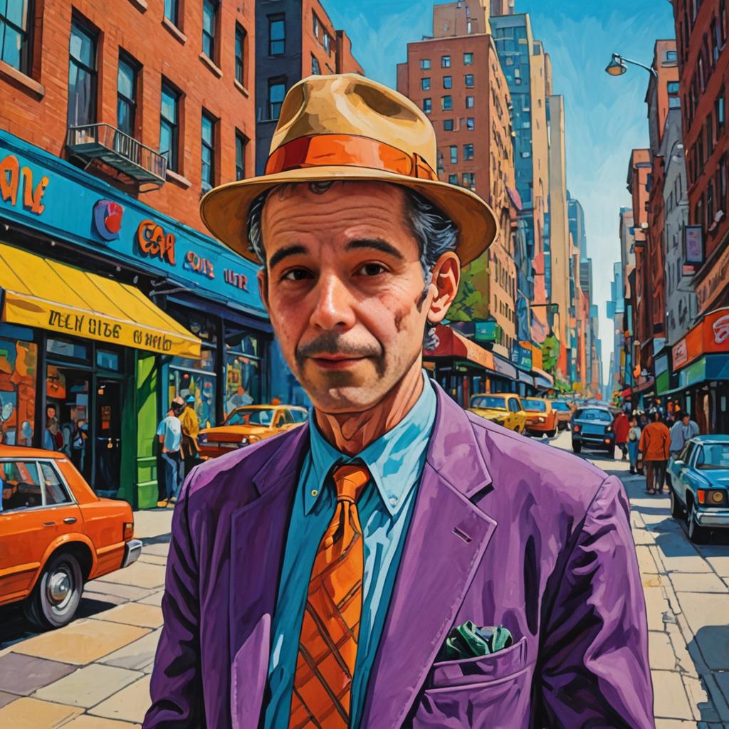 Man in Purple Suit with Stylized Cityscape