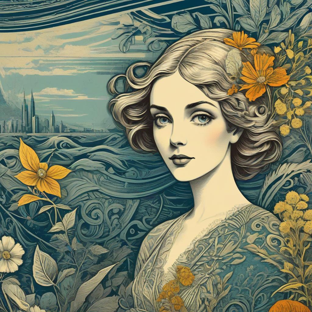 Woman Surrounded by Floral Patterns in Art Nouveau Style