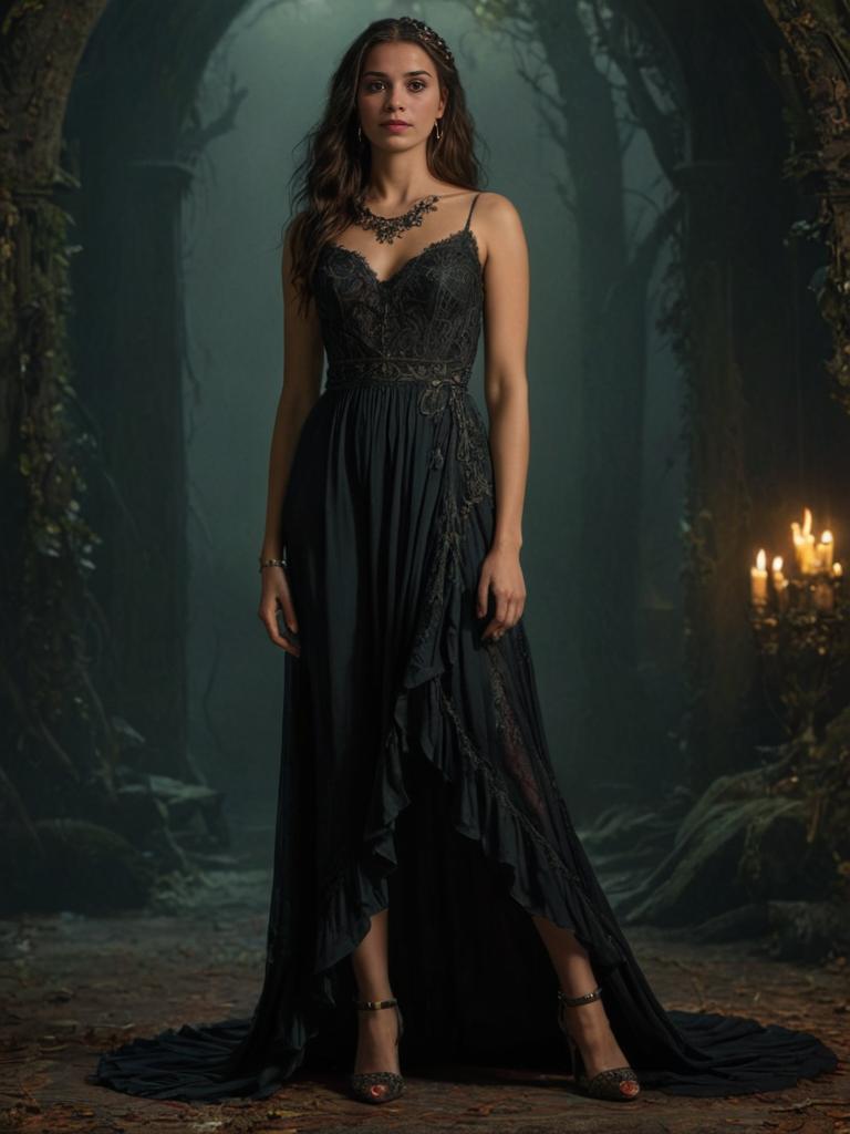 Elegant Woman in Dark Gown in Mystical Forest