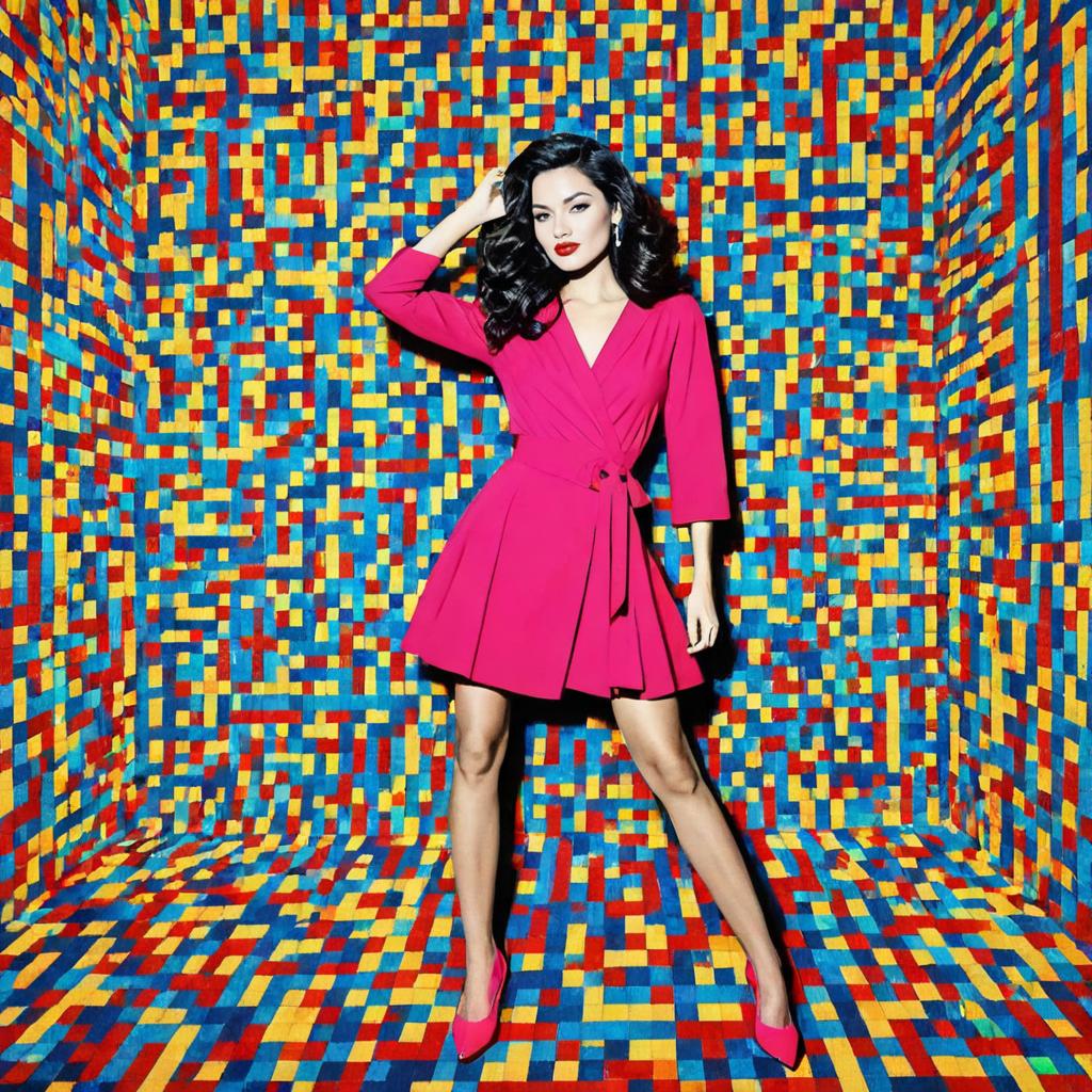 Stylish Woman in Pink Dress Against Colorful Geometric Background