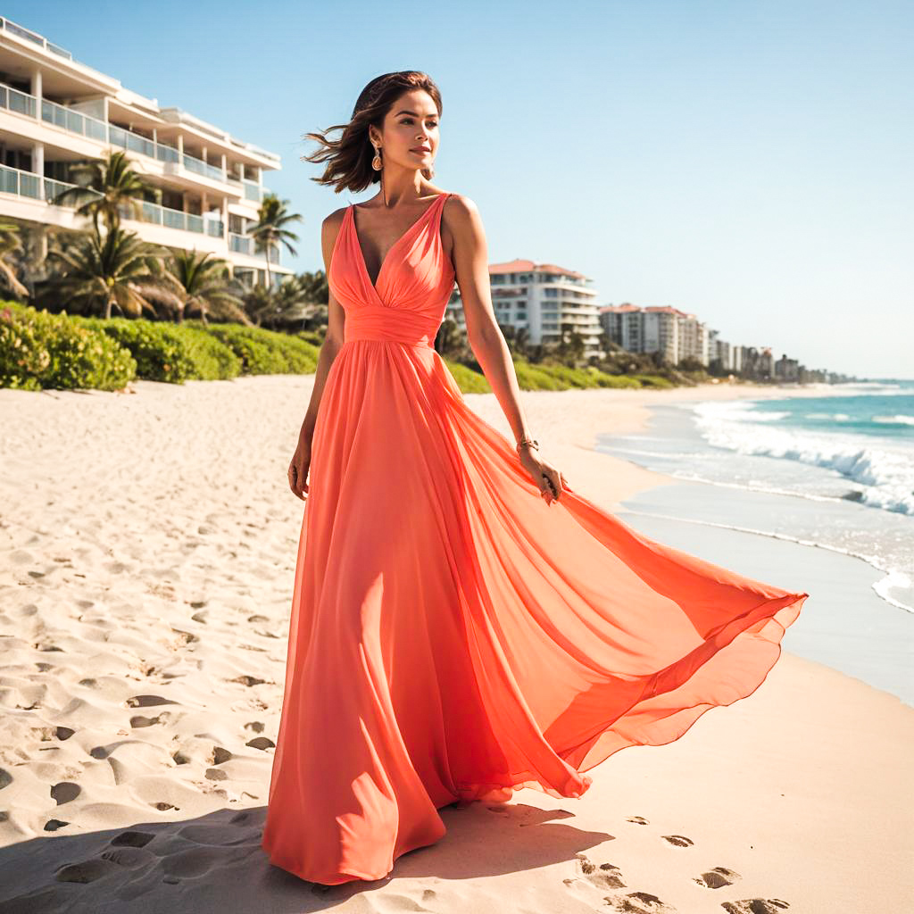 Woman in Coral Dress on Sunlit Beach