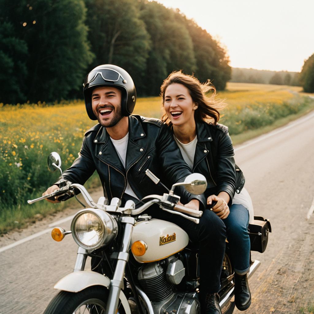 Happy Couple Riding Classic Motorcycle on Countryside Road