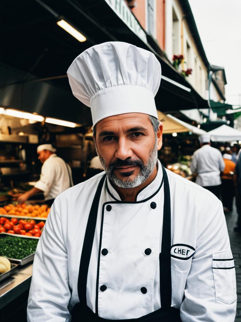 Photorealistic Outdoor Portrait of Man in Chef Costume at Market