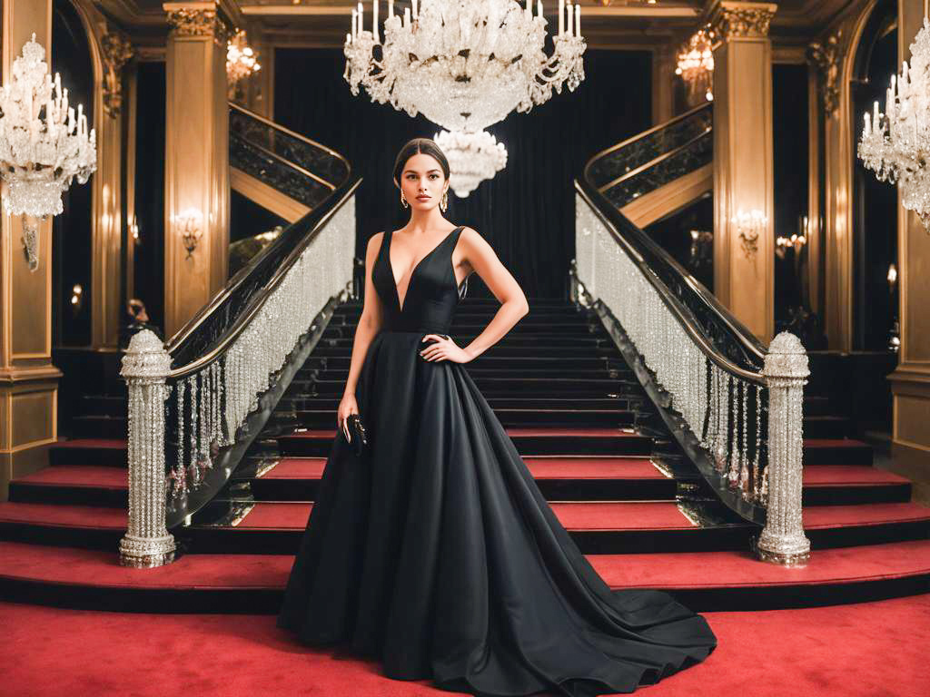 Elegant Woman in Black Gown at Grand Staircase