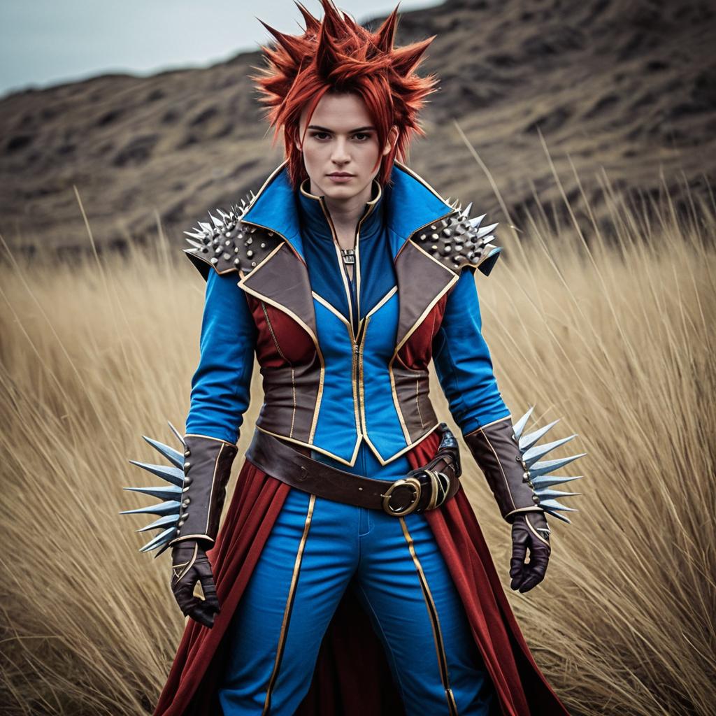 Fantasy Cosplay Woman in Spiked Armor Costume with Red Hair in Grass Field