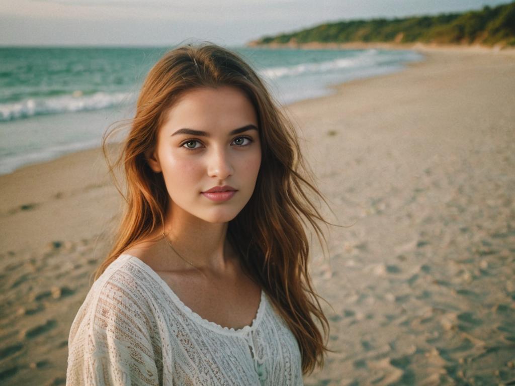 Portrait of a Young Woman with Bronze-Brown Hair and Green Eyes