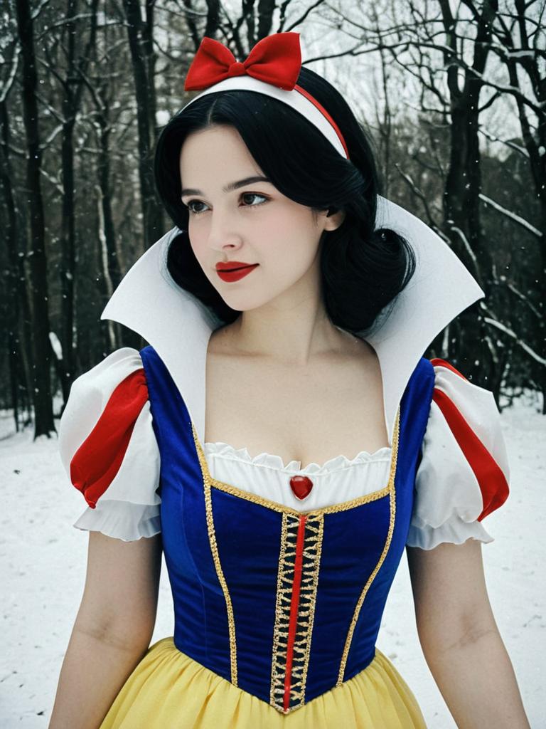 Young Woman in Fairytale Costume in Snowy Forest