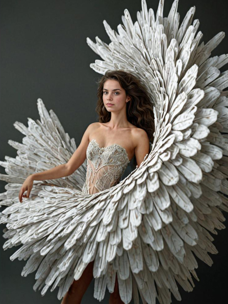 Elegant Female Model in Feather-Like Gown